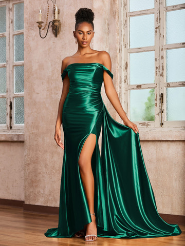Satin Off-the-Shoulder Formal Gown Ruched Bodice High Slit Mermaid Maxi Dress with Sweep Train for Wedding Guest and Evening Events