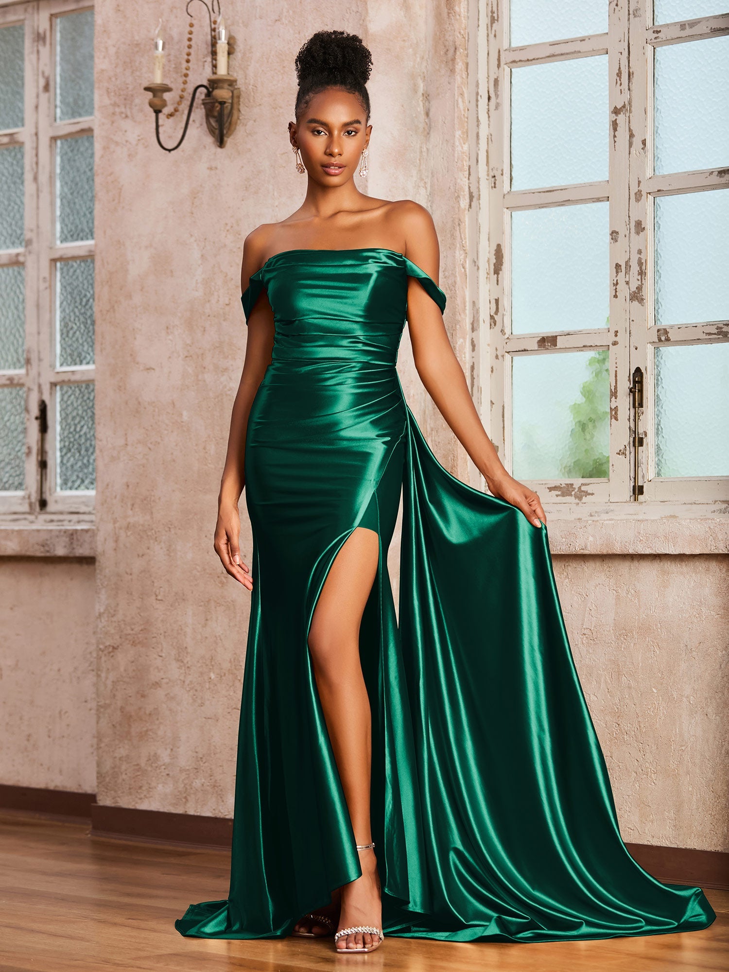 Satin Off-the-Shoulder Formal Gown Ruched Bodice High Slit Mermaid Maxi Dress with Sweep Train for Wedding Guest and Evening Events