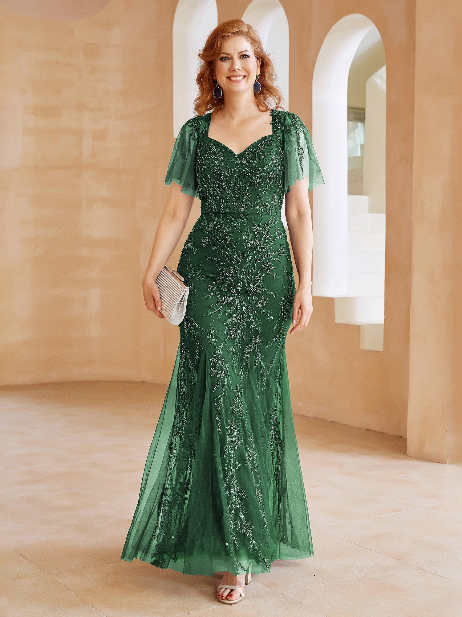 Navy Blue Beaded Tulle Evening Gown Sweetheart Neckline Short Flutter Sleeve Mermaid Maxi Dress for Mother of the Bride and Formal Events