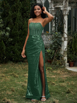 Prom Dresses Sequin Spaghetti Strap Formal Gown Corset Bodice High Slit Mermaid Maxi Dress