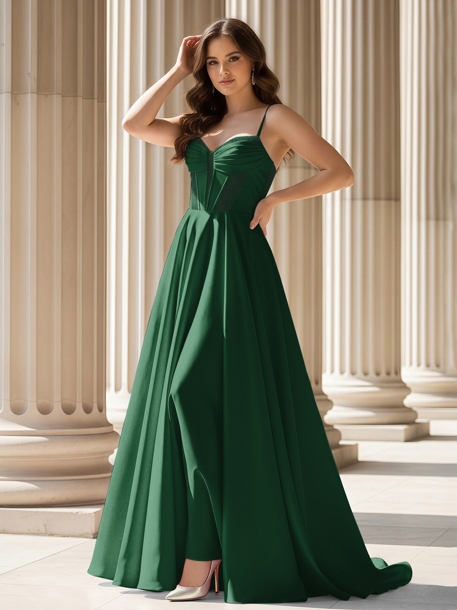 Spaghetti Strap Burgundy Satin A-Line Evening Gown with Corset Bodice Formal Prom Wedding Party Dress