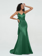 Royal Blue Satin Spaghetti Strap Formal Gown V-Neck Bow Waist Mermaid Maxi Dress with Sweep Train for Prom and Black-Tie Events