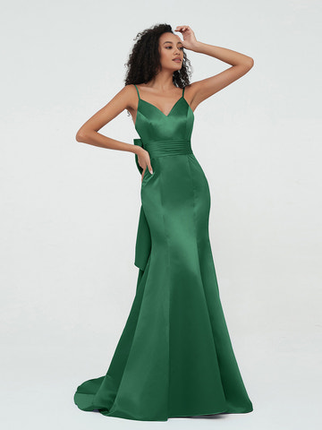 Vestido de noche formal de satén azul rey con tirantes finos, cuello en V, lazo en la cintura, corte sirena y cola, para bailes de graduación y eventos de gala