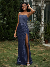 Prom Dresses Sequin Spaghetti Strap Formal Gown Corset Bodice High Slit Mermaid Maxi Dress