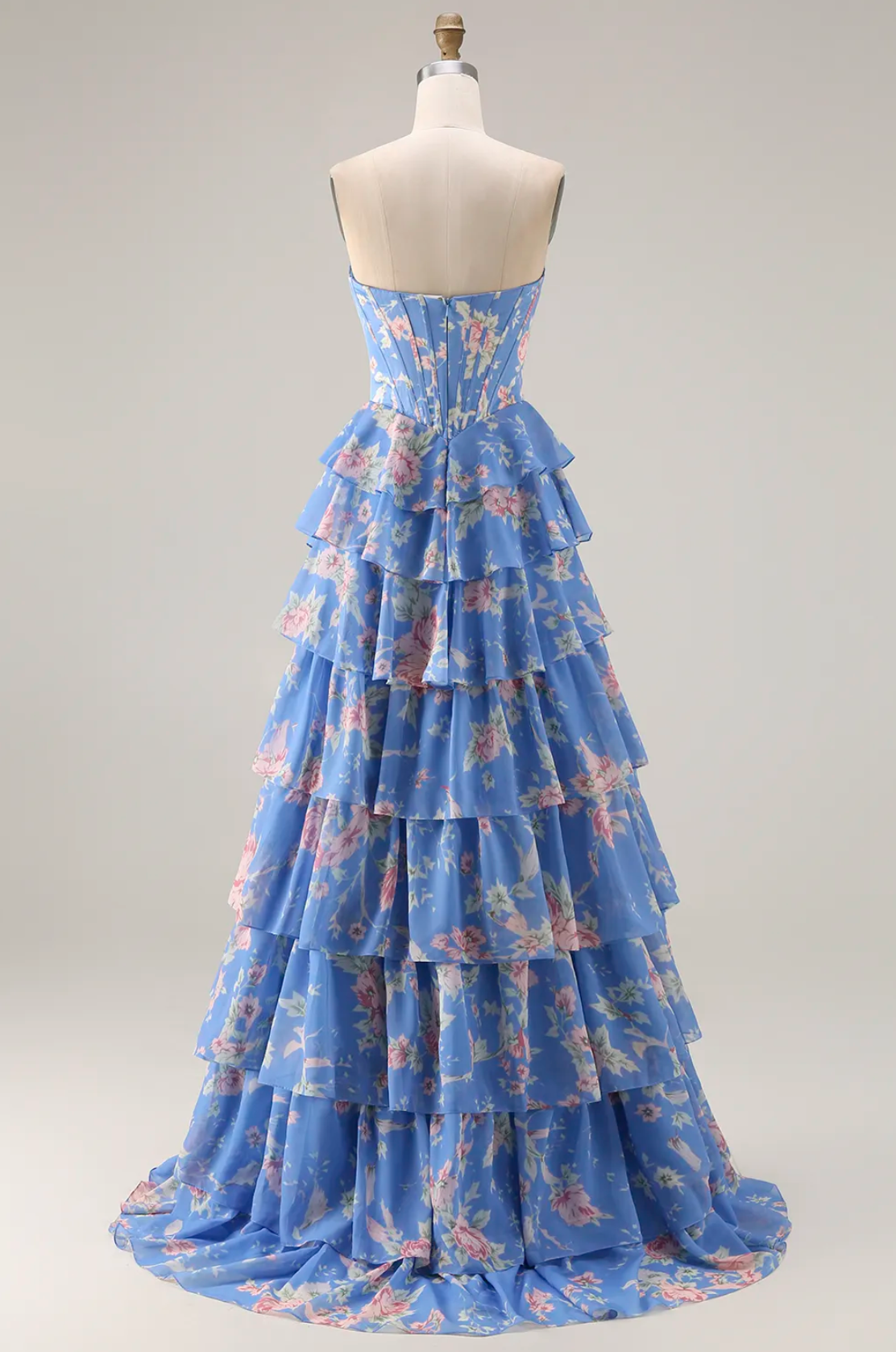 Vestido de Fiesta Largo con Corsé, Escote Corazón, Estampado Floral, Volantes en Capas, Abertura Alta y Corpino Bordado