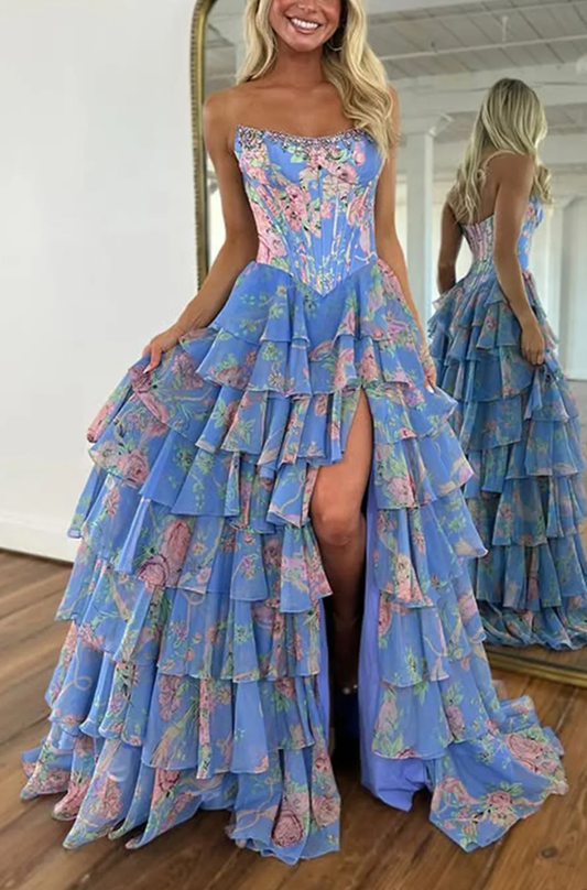 A-Line Princess Strapless Floral Print Ruffled Layered High Slit Corset Ruffled Long Prom Dress with Beaded Bodice