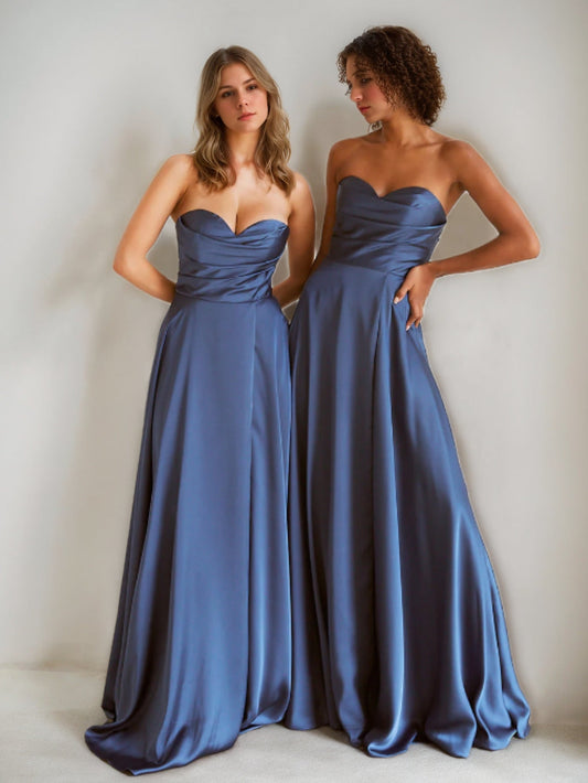 A-Line/Princess Satin Sweetheart Sleeveless Ruched Floor-Length Backless Pleated Bridesmaid Dresses