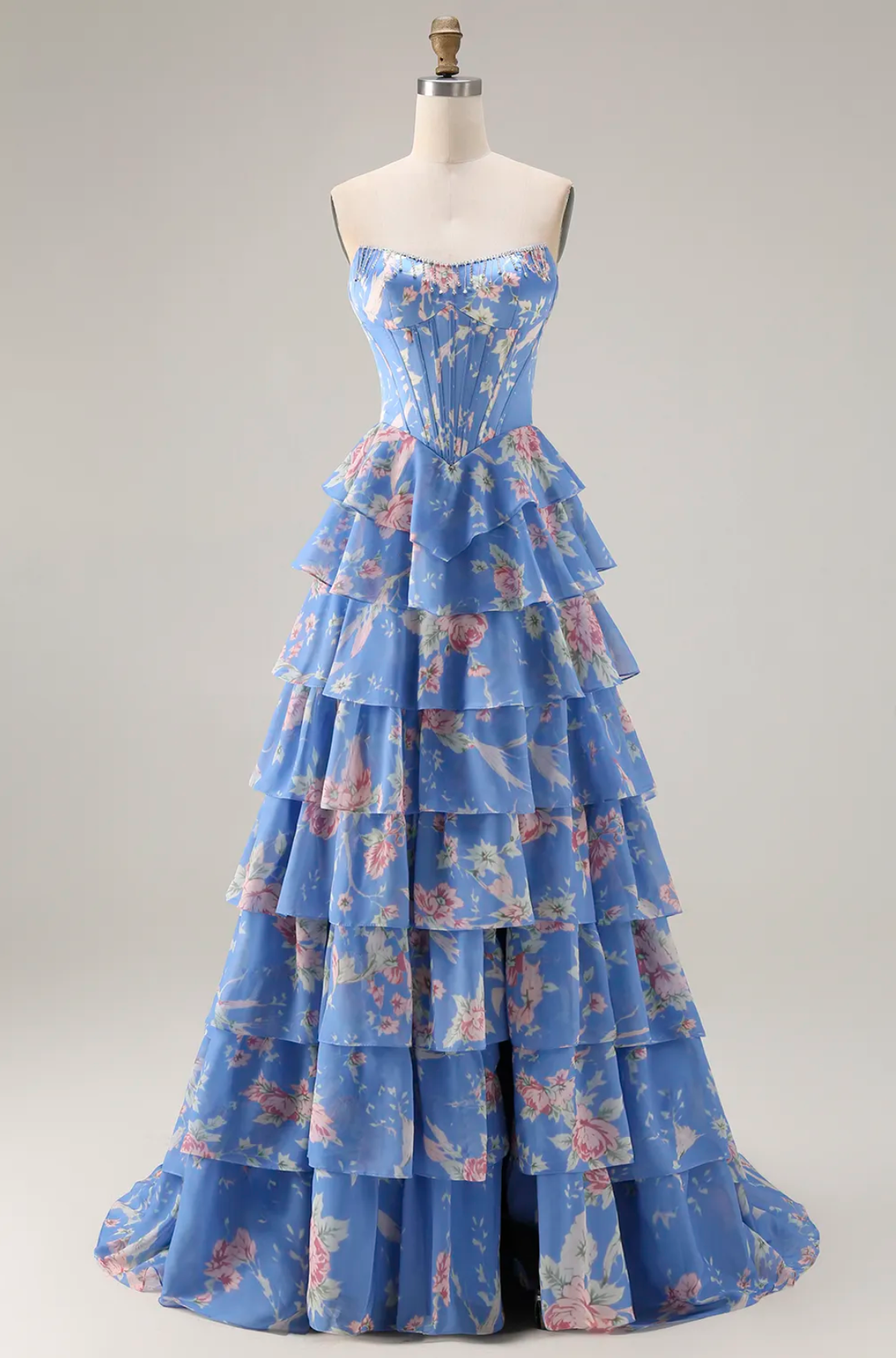 Vestido de Fiesta Largo con Corsé, Escote Corazón, Estampado Floral, Volantes en Capas, Abertura Alta y Corpino Bordado