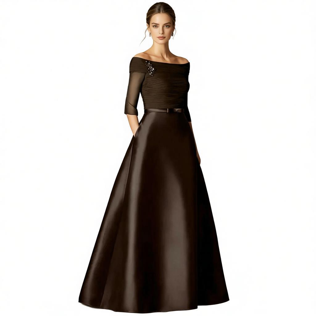 Elegant Off-the-Shoulder Satin A-Line Evening Gown with 3/4 Sheer Sleeves – Formal Dress for Mother of the Bride, Galas & Black-Tie Events