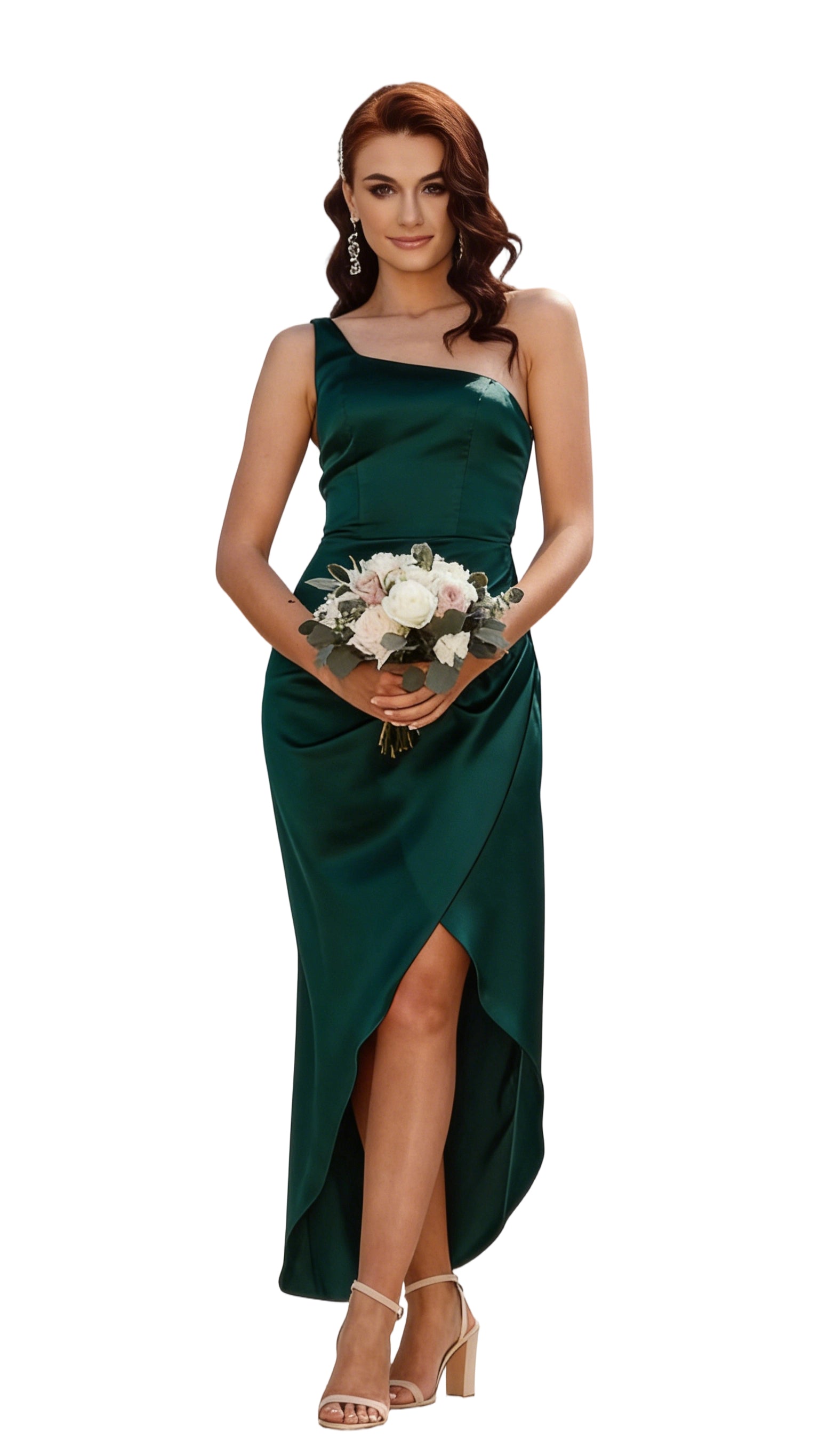 Women's One-Shoulder Satin Maxi Dress Bridesmaid Dresses Party Wedding Guest Dresses with Thigh High Slit