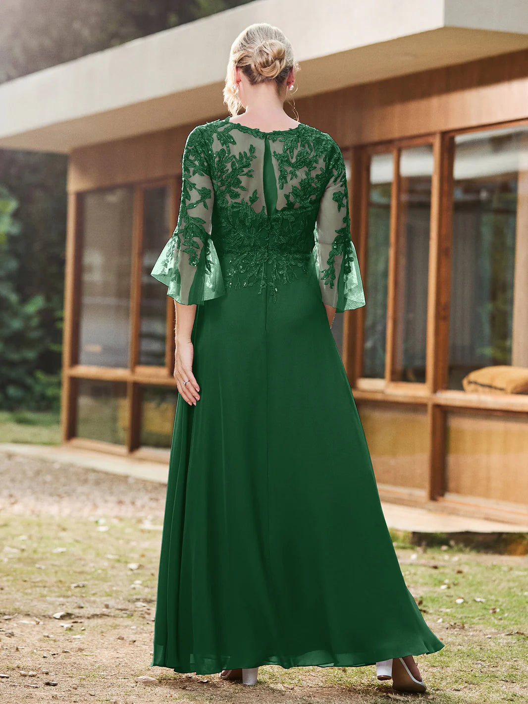 Lace Appliques Chiffon Mother of the Bride Dress, Illusion Neck 3/4 Bell Sleeve Wedding Guest Dress