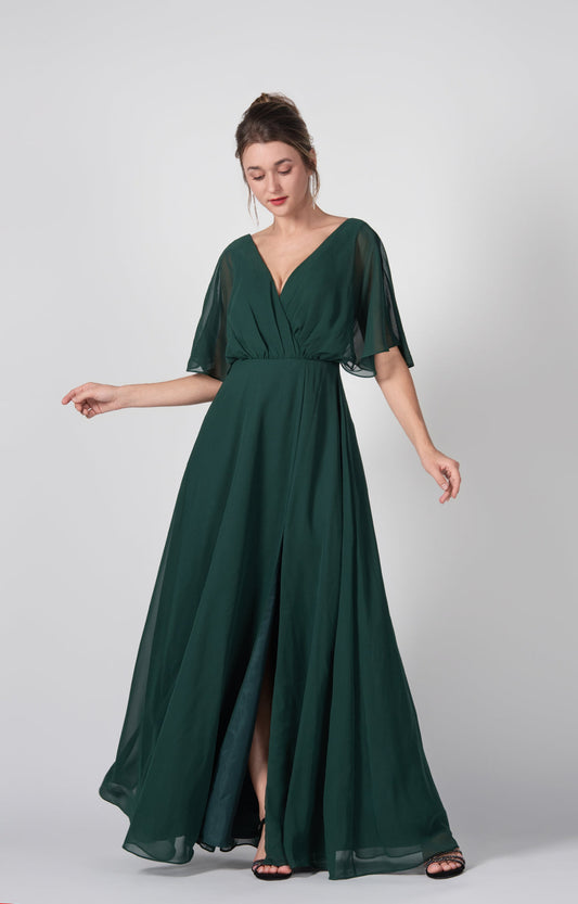 Women's Elegant Chiffon V-Neck Bridesmaid Dress Flutter Sleeves with Front Slit Formal Evening Gown