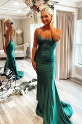 Elegant Halter Neck Mermaid Evening Gown Sexy Mermaid Open Back Long Satin Prom Dress
