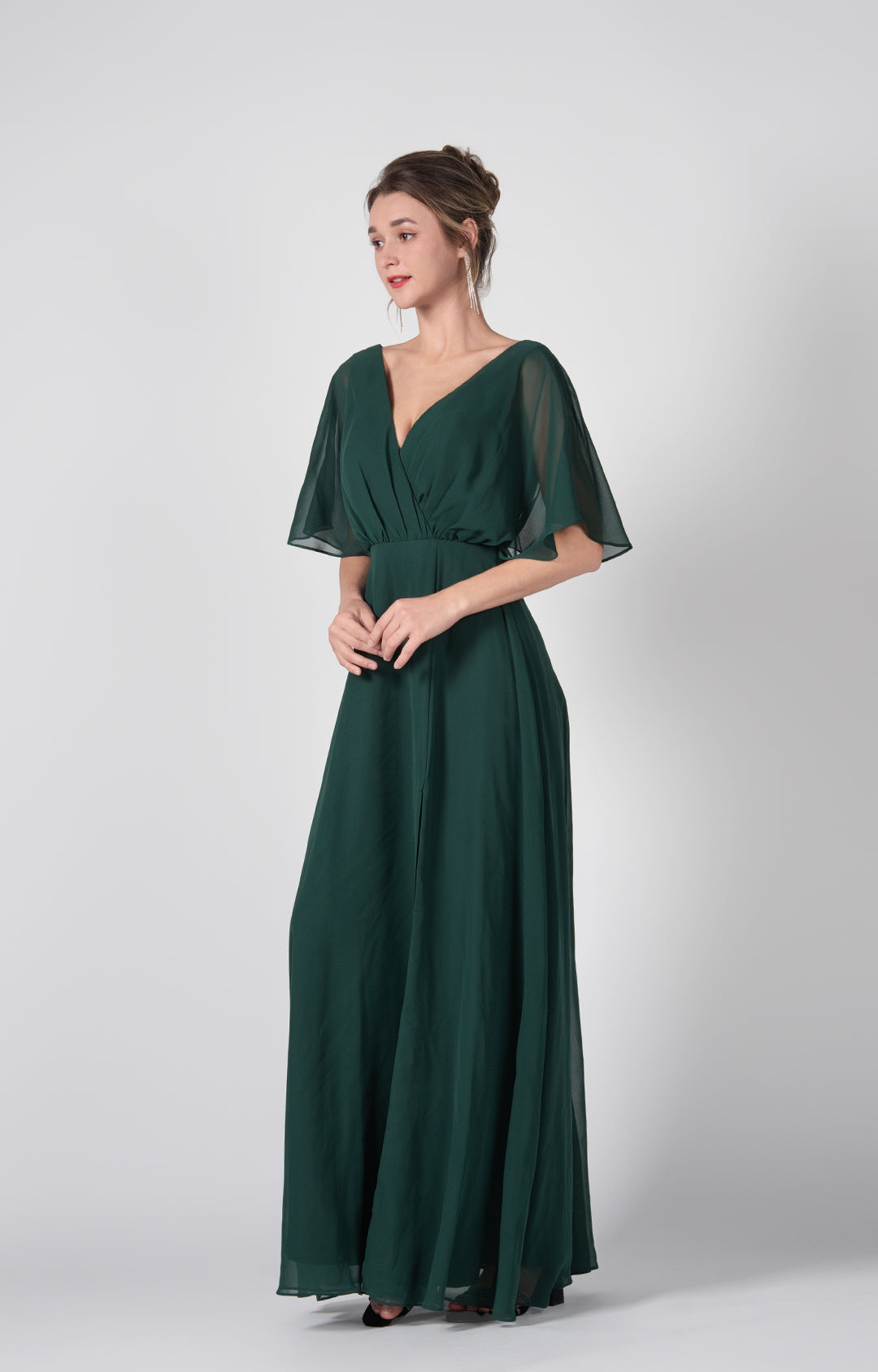 Women's Elegant Chiffon V-Neck Bridesmaid Dress Flutter Sleeves with Front Slit Formal Evening Gown