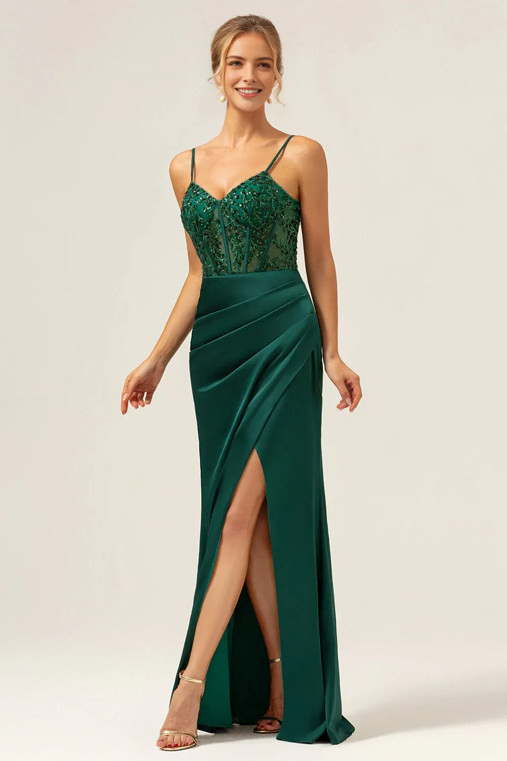 Luxe Sheath Sweetheart Neck Sleeveless Satin Beaded Bodice Corset Lace-Up High-Slit Evening Gown