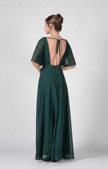 Women's Elegant Chiffon V-Neck Bridesmaid Dress Flutter Sleeves with Front Slit Formal Evening Gown
