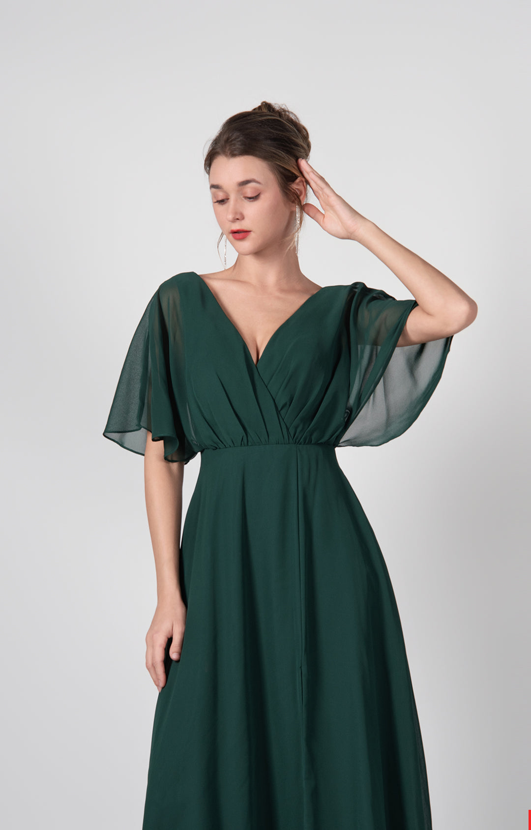 Women's Elegant Chiffon V-Neck Bridesmaid Dress Flutter Sleeves with Front Slit Formal Evening Gown
