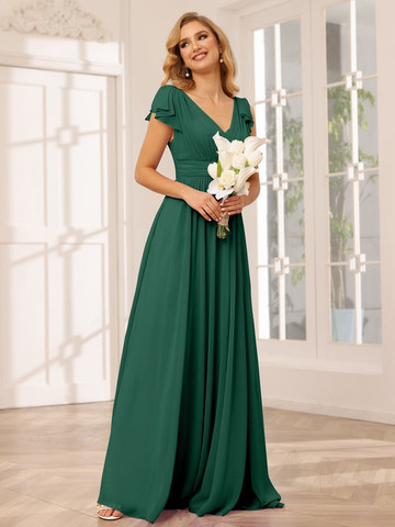 A-Line/Princess V-Neck Chiffon Short Sleeves Long Bridesmaid Dresses with Ruffles
