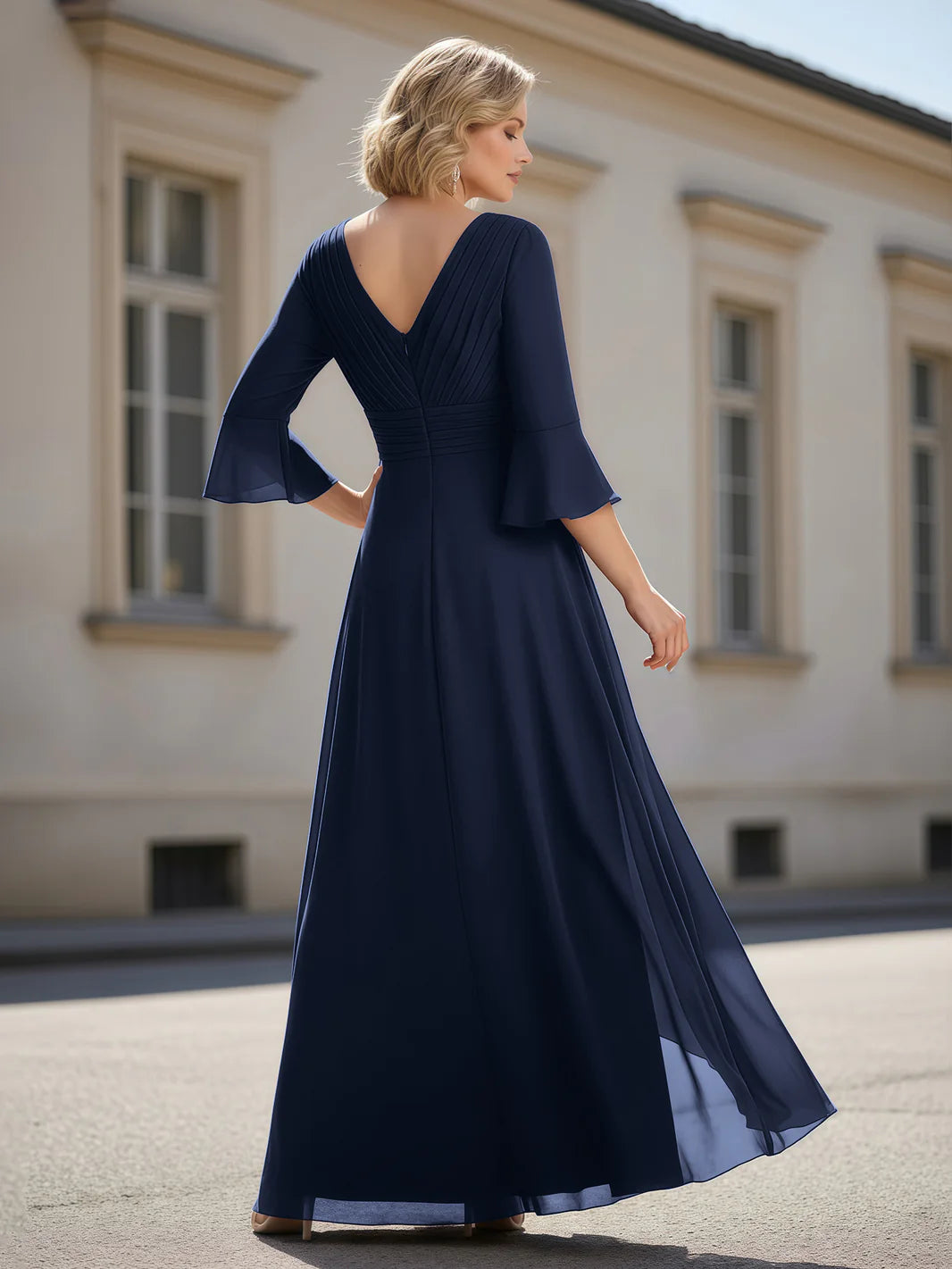 Chiffon Formal Maxi Dress V Neck 3/4 Bell Sleeve Ruched Waist Slit Floor Length Evening Gown