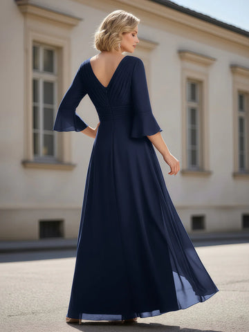 Chiffon Formal Maxi Dress V Neck 3/4 Bell Sleeve Ruched Waist Slit Floor Length Evening Gown