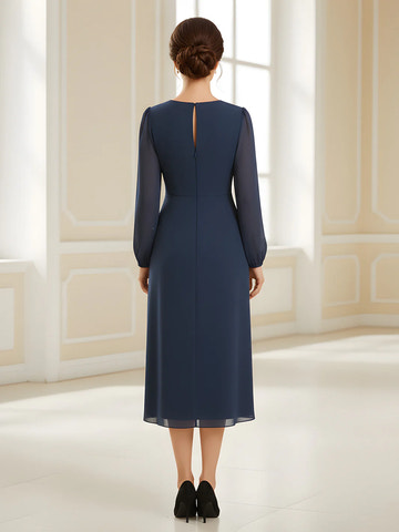Chiffon Long Sleeve Midi Dress | V-Neck Cocktail Party Dress for Wedding Guest
