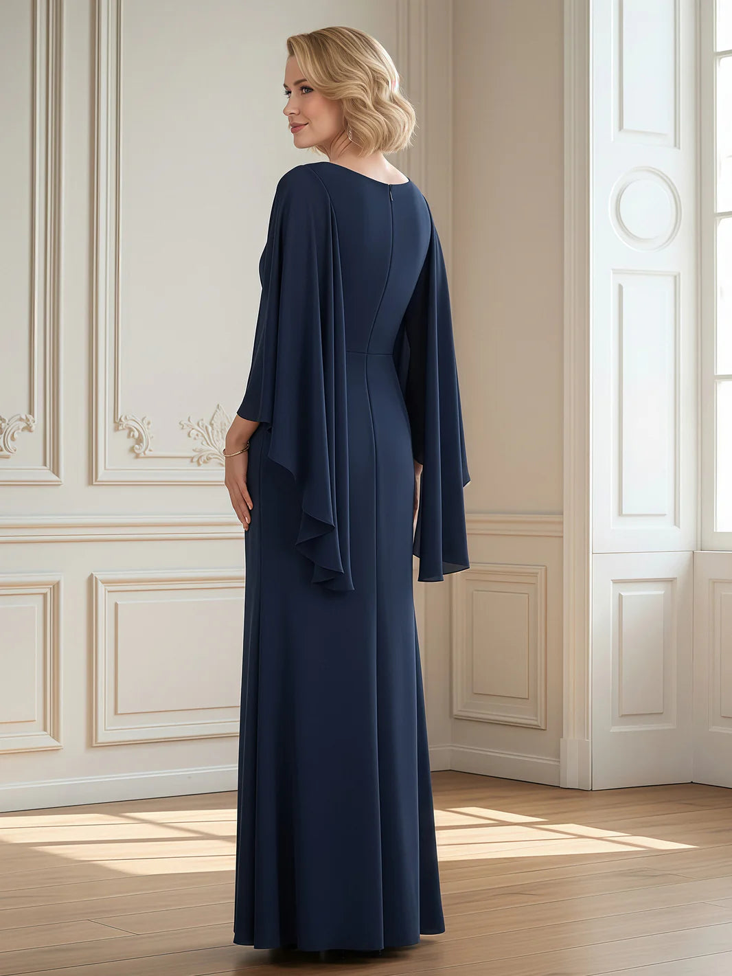 Chiffon Cape Sleeve Mother of the Bride Dress V Neck Beaded Slit Formal Evening Gown