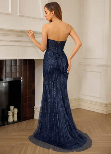 Vestido de Fiesta de Tul Sirena con Corsé y Cuentas Escote Corazón Corsé sin Tirantes Estilo Sirena con Dramática Cola