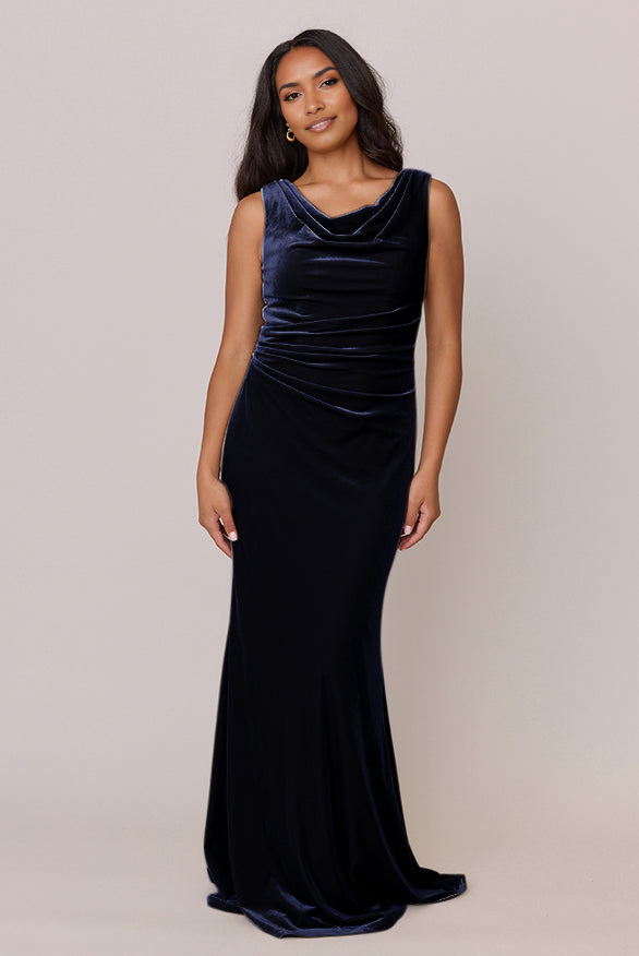 Mermaid Fall and Winter Elegant Velvet Plunging Neckline Bridesmaid Dress Floor length Keyhole Back Button Detail Evening Gown