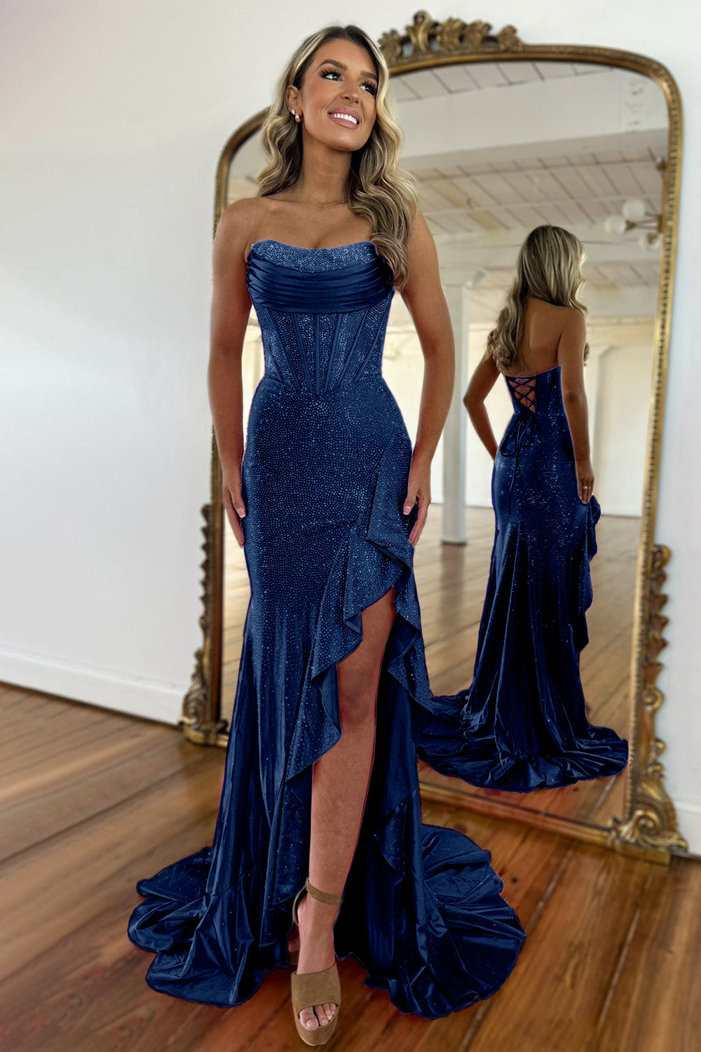 Elegant Mermaid Strapless Sequin-Embellished Mermaid Evening Gown with High Slit and Criss-Cross Back