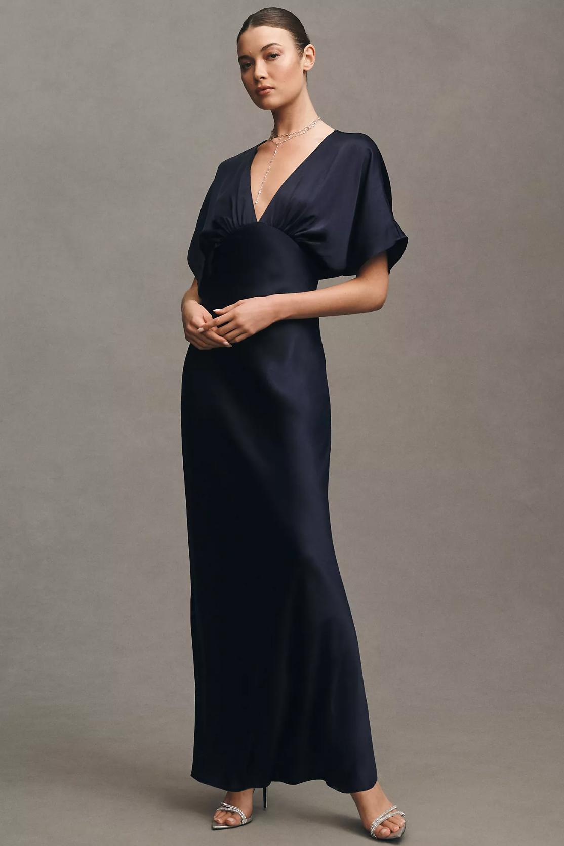 Women's Elegant V-Neck Satin Charmeuse Maxi Dress Short Sleeves Party Wedding Guest Bridesmaid Dresses