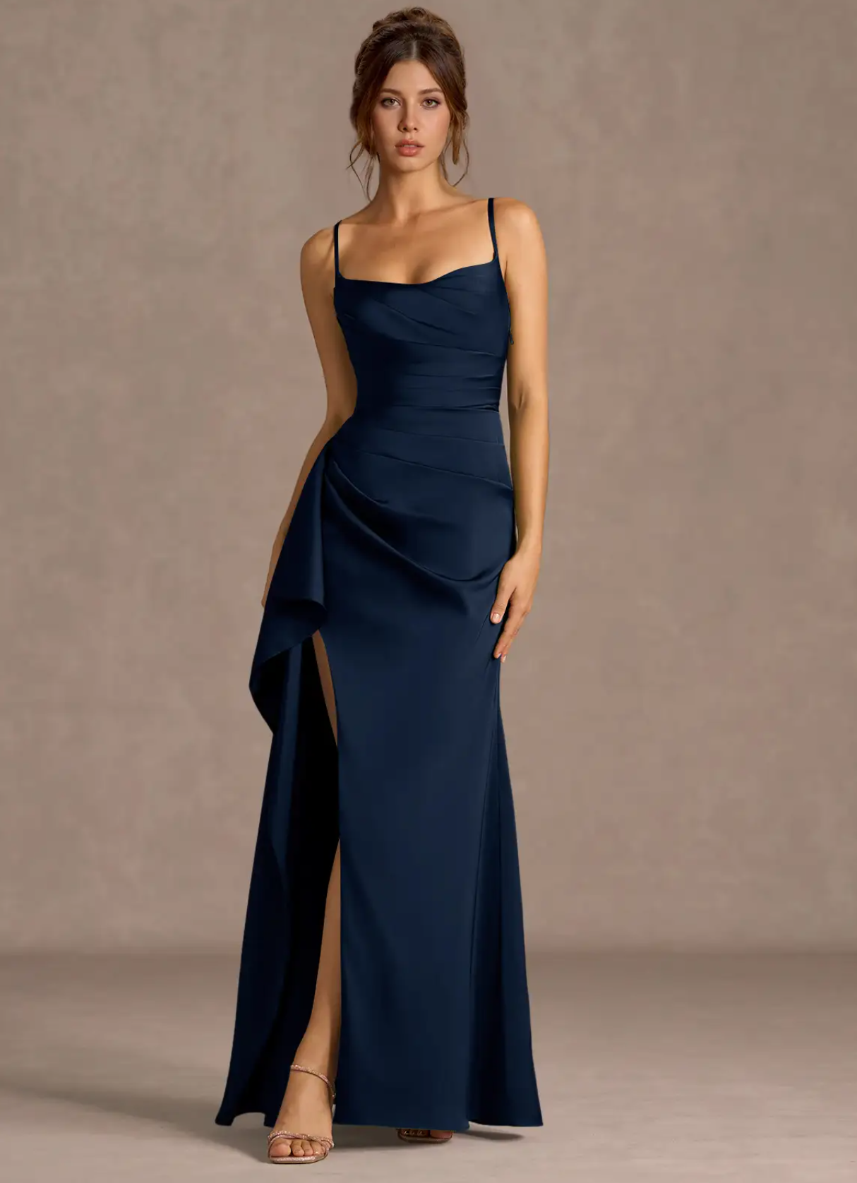 Women's Sleeveless Sweetheart Neck Evening Gown Maxi Dress Satin Solid Backless with Side Draped High Slit