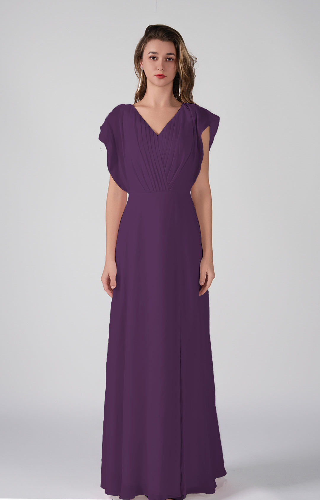 Elegant Chiffon Bridesmaid Dress Open Back Flutter Sleeves Pleats A-Line Maxi Dress with Side Slit