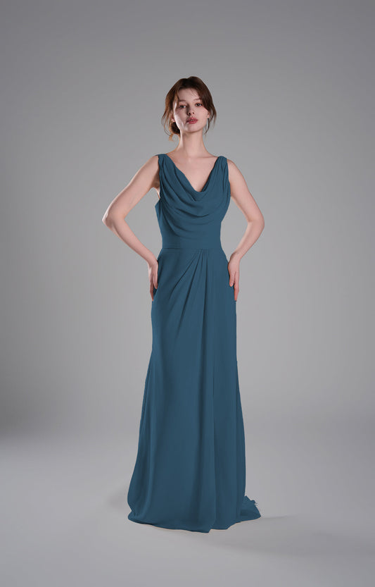 Elegant Chiffon Cowl Neck Bridesmaid Dress Sleeveless Fitted Bodice Floor Length Formal Gown