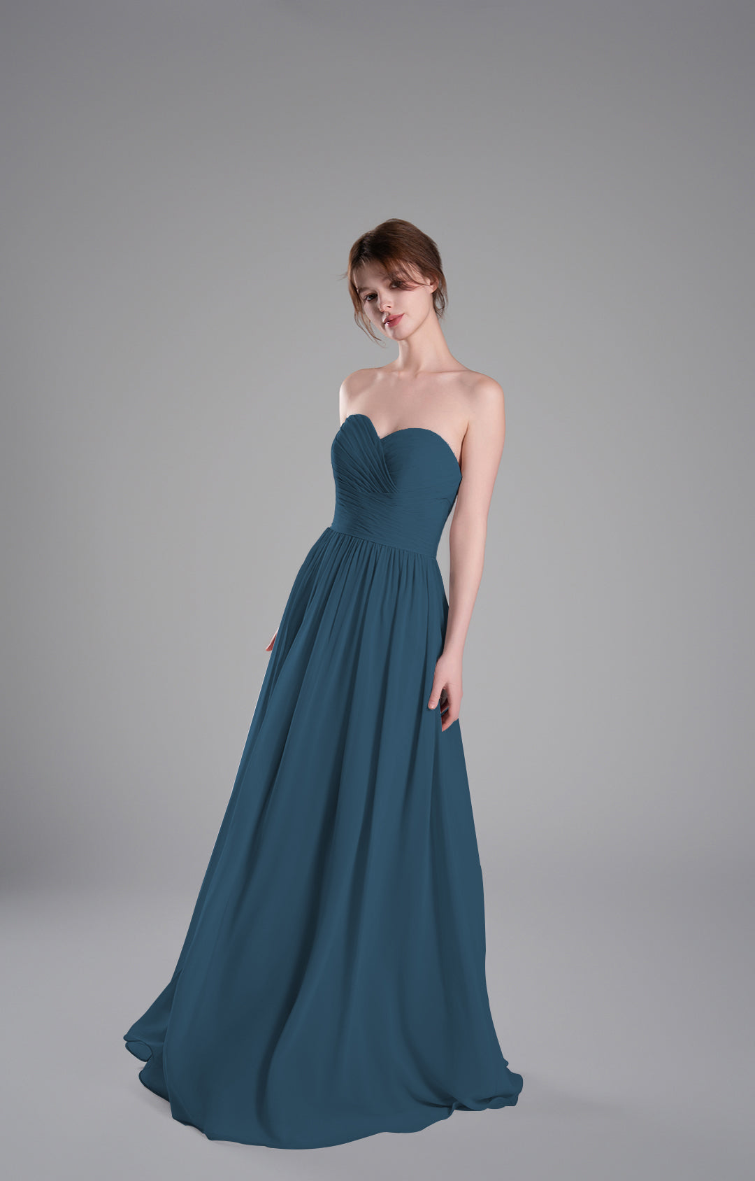 Elegante vestido de dama de honor de chifón sin tirantes, largo, corte A, fluido, para noche formal o fiesta de graduación