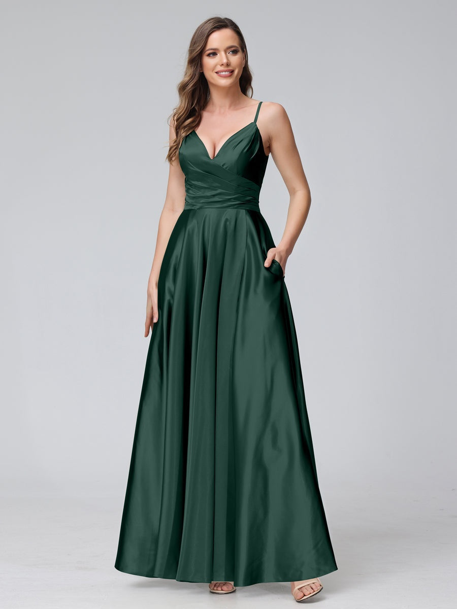 Vestidos de fiesta/damas de honor formales de seda satinada, corte A/Princesa, cuello en V, sin mangas, hasta el tobillo, con bolsillos y abertura lateral