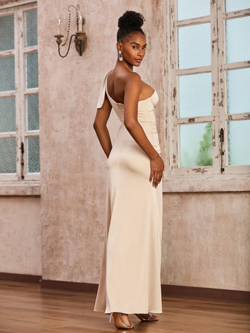Vestidos de noche de satén, vestido formal de un solo hombro, corpiño con corsé drapeado, vestido largo de sirena con abertura alta y cola para invitada de boda o fiesta de graduación