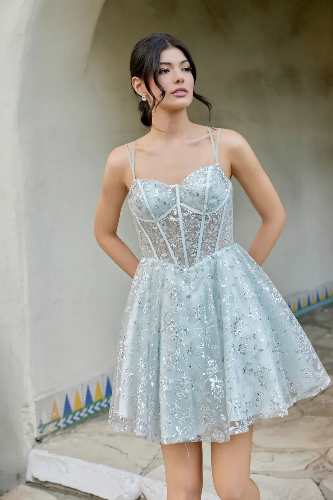 Dazzling A-Line Square Sleeveless Sequin-Lace Short Corset-Bodice Homecoming Cocktail Dress