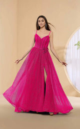 Dazzling A-Line V-Neck Glitter Tulle Floor-Length Slit Corset Prom Dress
