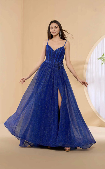 Dazzling A-Line V-Neck Glitter Tulle Floor-Length Slit Corset Prom Dress