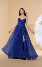 Dazzling A-Line V-Neck Glitter Tulle Floor-Length Slit Corset Prom Dress