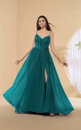 Dazzling A-Line V-Neck Glitter Tulle Floor-Length Slit Corset Prom Dress