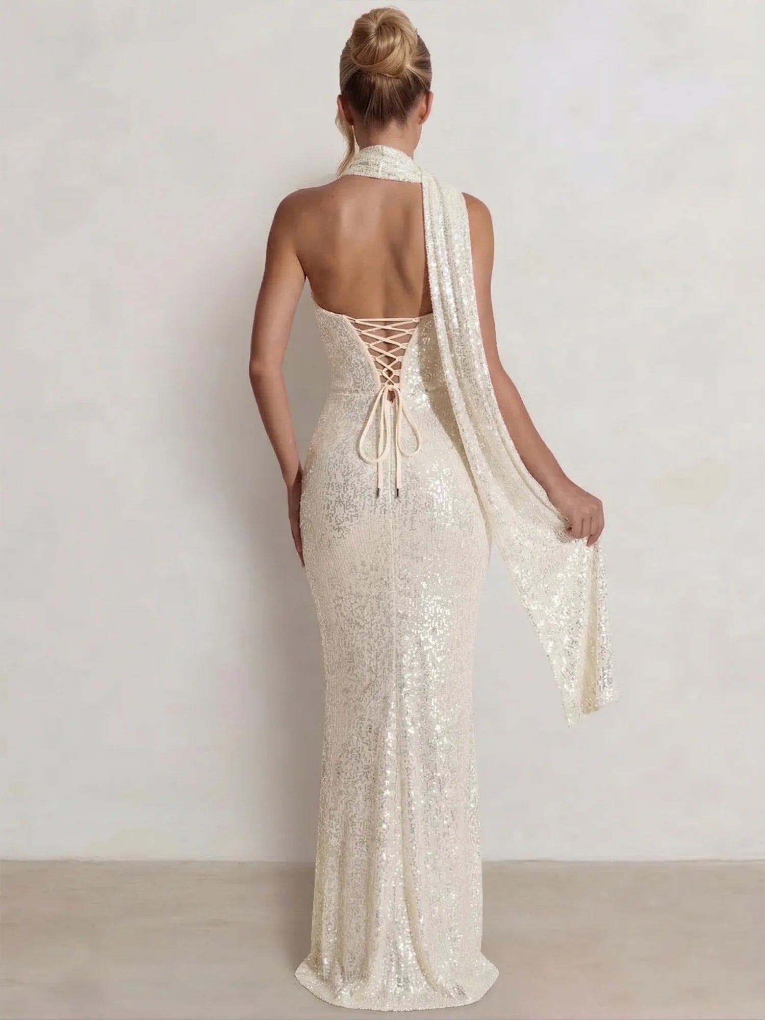 Dazzling Sheath/Column Halter Sequin Maxi Draped Evening Dress