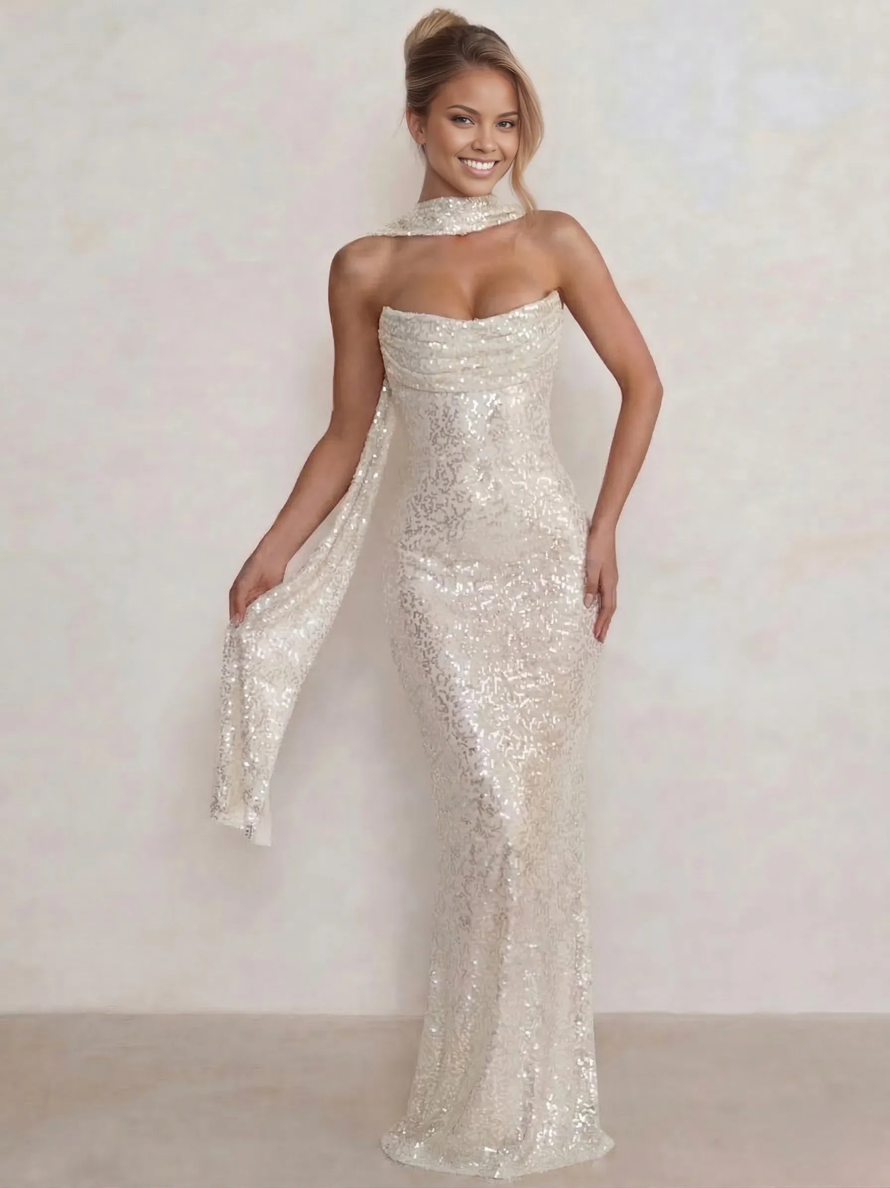Dazzling Sheath/Column Halter Sequin Maxi Draped Evening Dress