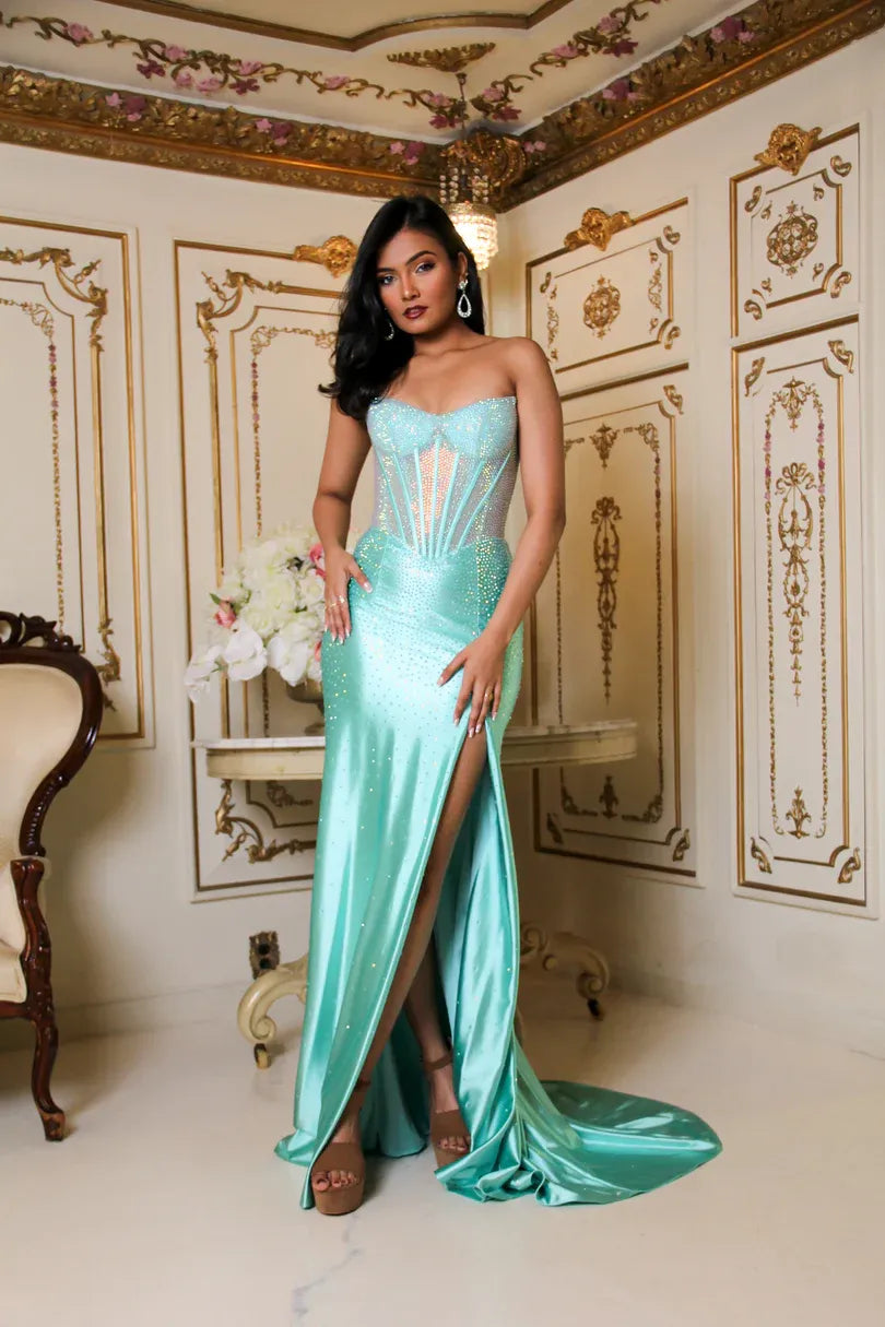 Impresionante vestido de noche largo de satén con corsé sin tirantes de sirena, vestido de fiesta formal con corsé