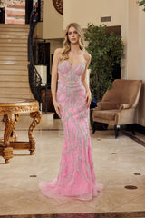 Dazzling Mermaid Strapless Sleeveless Beaded Tulle Long Corset Prom Dress