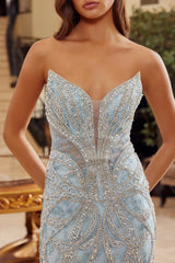 Dazzling Mermaid Strapless Sleeveless Beaded Tulle Long Corset Prom Dress