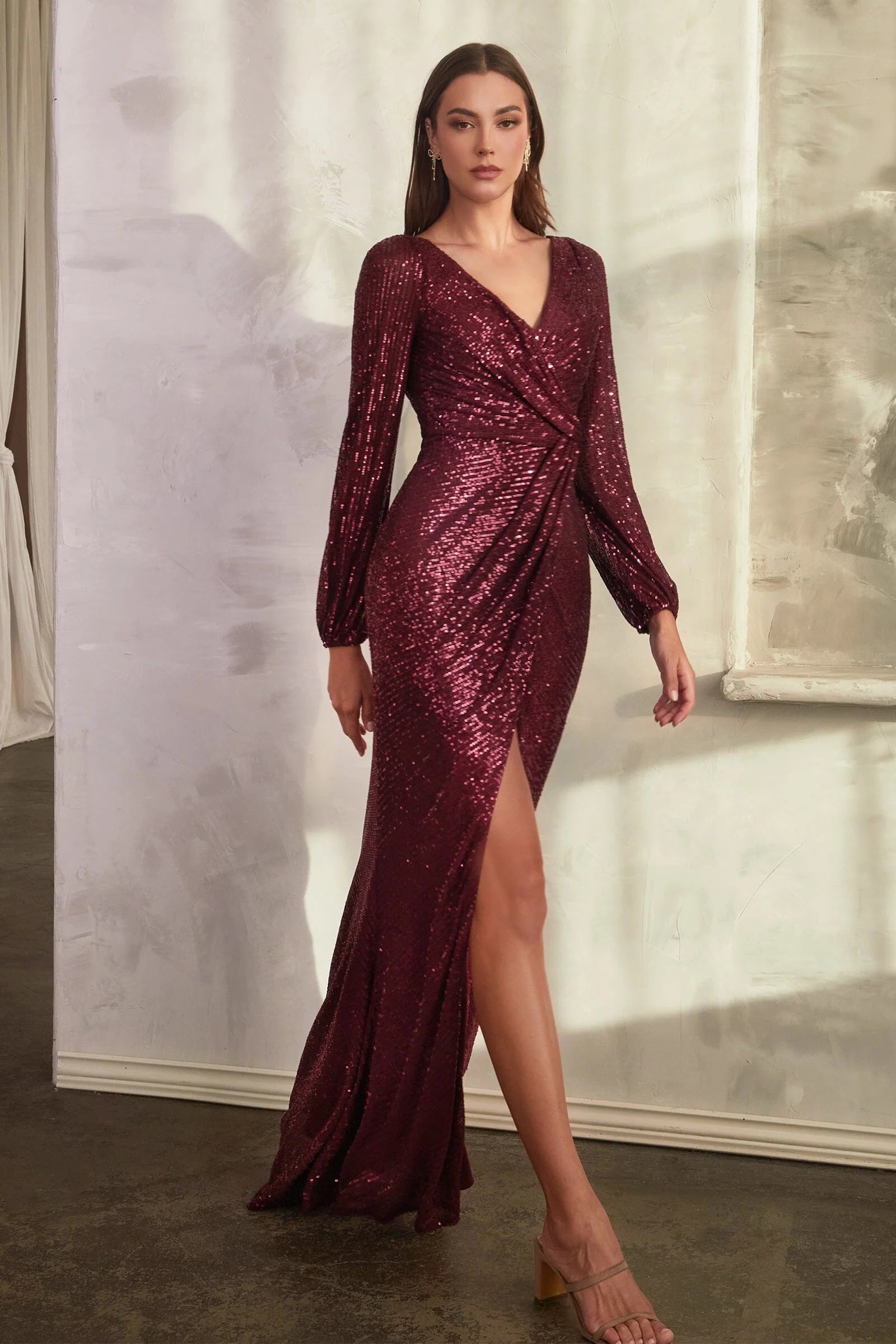 Dazzling Sheath V-Neck Long-Sleeve Sequin Maxi Ruched Slit Evening Gown