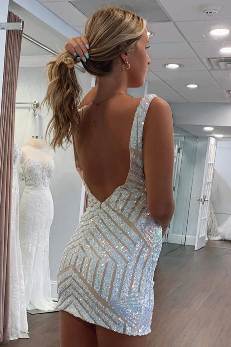 Vestido ceñido de fiesta con escote pronunciado en V y estampado geométrico de lentejuelas