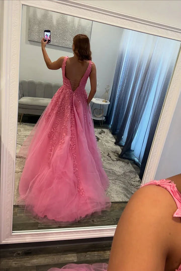 Deep V Neck Sleeveless 3D Floral Lace Appliqué Sheer Waist Tulle A-Line Floor Length Prom Evening Gown