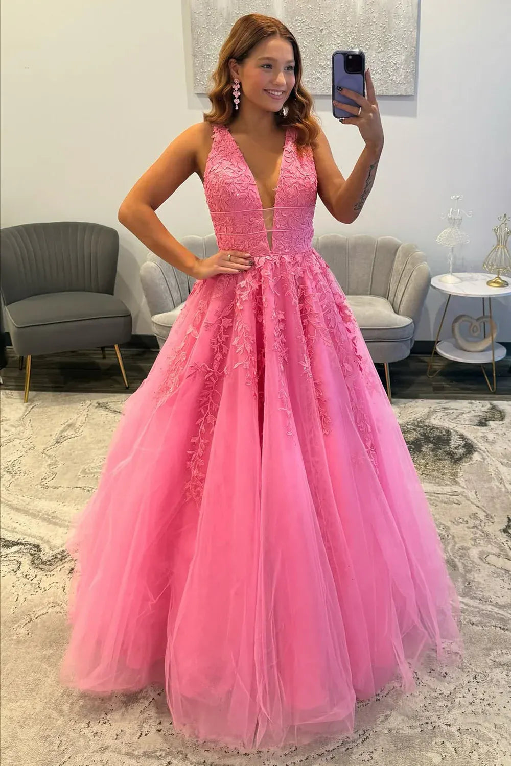 Deep V Neck Sleeveless 3D Floral Lace Appliqué Sheer Waist Tulle A-Line Floor Length Prom Evening Gown
